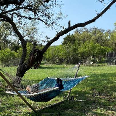 Person lying in a blue hammock near a tree. The landscape is green with a line of trees in the background.